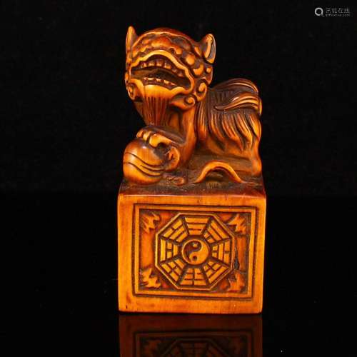 Vintage Chinese Boxwood Wood Carved Lion Statue