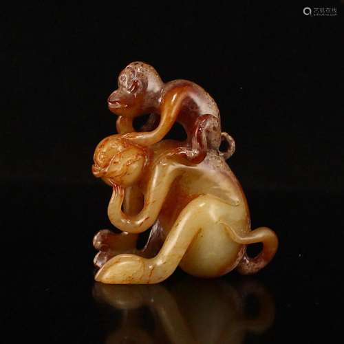 Hand Carved Chinese Hetian Jade Double Monkey Pendant