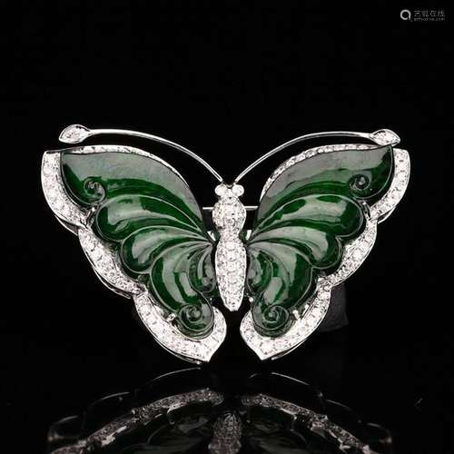 White Gold Inlay Jadeite & Diamonds Butterfly Brooch