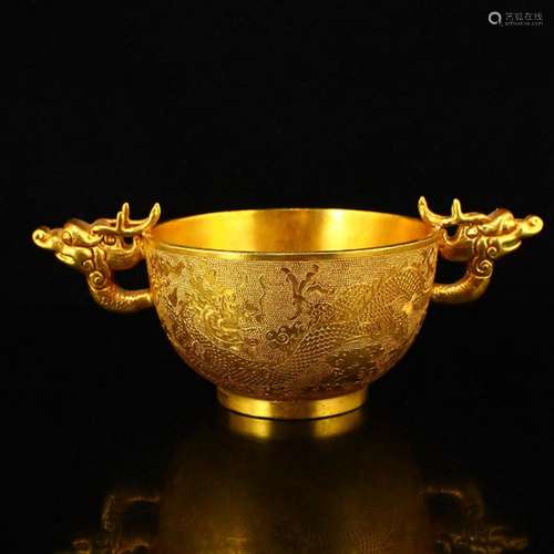 Chinese Gilt Gold Red Copper Double Dragon Head Cup