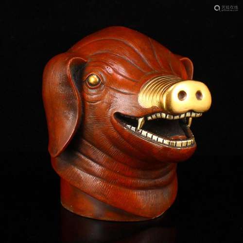 Superb Gilt Gold Red Copper Zodiac Pig Statue