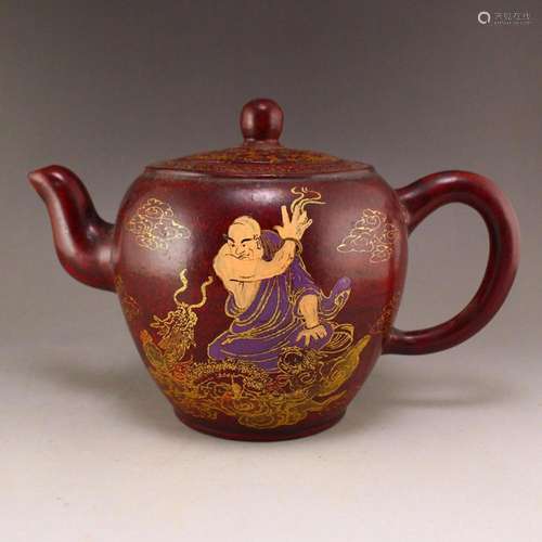 Gilt Gold Lacquerware Dragon & Arhat Zisha Clay Teapot