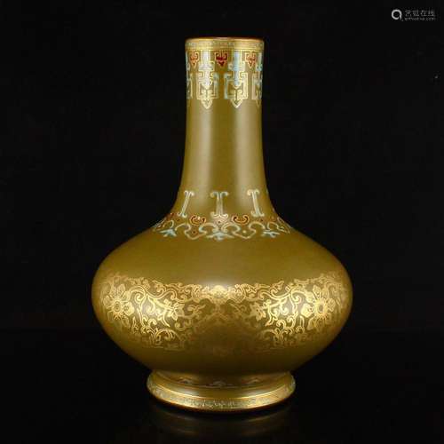 Vintage Chinese Gilt Gold Tea Dust Glaze Porcelain Vase w Qi...