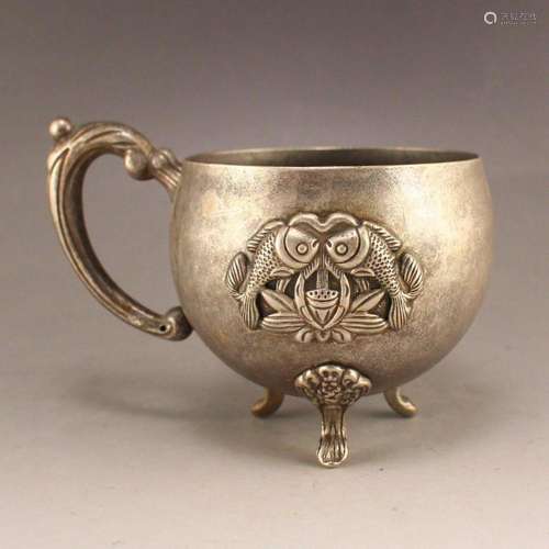 Vintage Silver 3 Legs Carp & Lotus Flower Cup