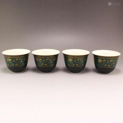 A Set Four Chinese Gilt Gold Black Glaze Porcelain Cups