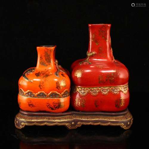 Chinese Gilt Gold Orange Glaze Square Porcelain Vases