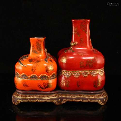 Chinese Gilt Gold Orange Glaze Square Porcelain Vases
