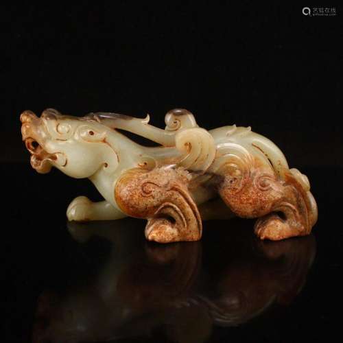 Superb Old Chinese Hetian Jade Fortune Unicorn Statue