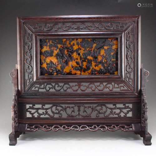 Openwork Zitan Wood Inlay Tortoiseshell Carved Screen