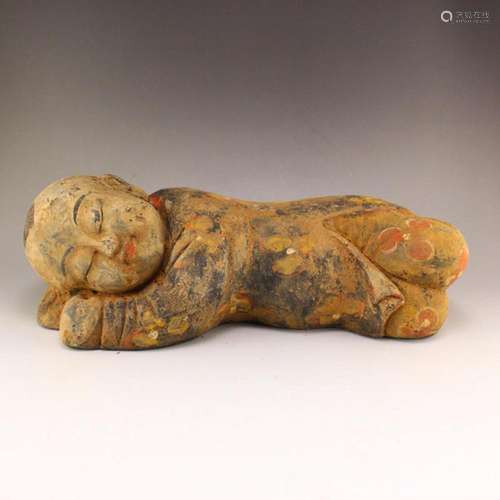 Hand Made Vintage Coloured Pottery Sleeping Kid Statue