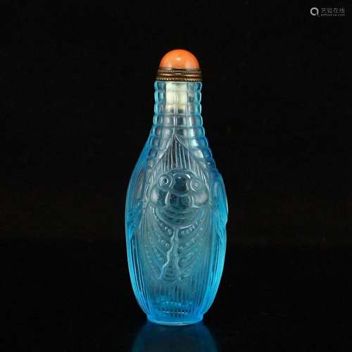 Chinese Blue Peking Glass Low Relief Cicada Snuff Bottle