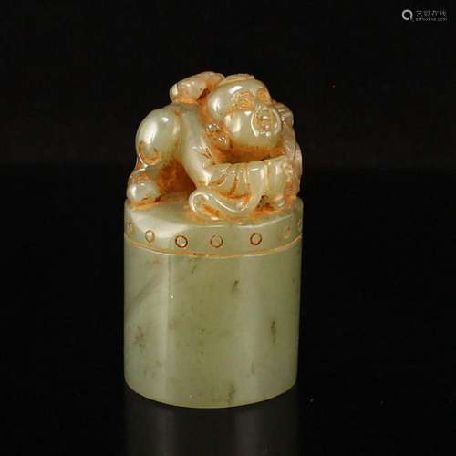 Vintage Chinese Hetian Jade Kid & Ruyi Statue