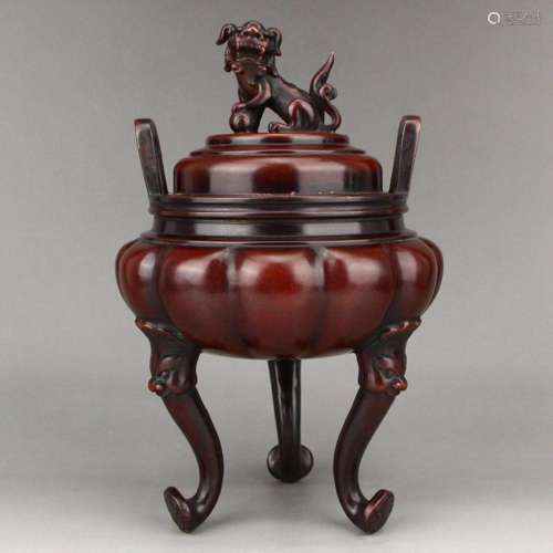 Chinese Red Copper Lucky Lion Double Ears 3 Legs Incense Bur...