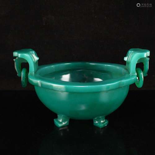 Chinese Green Agate Double Rings Incense Burner