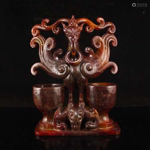 Vintage Chinese Hetian Jade Phoenix Divine Beast Cup Statu