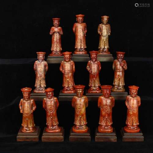 Vintage Chinese Shoushan Stone Inlay Gem 12 Emperor Statues