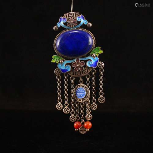 Chinese Pure Silver Enamel Inlay Natural Lapis Lazuli Pendan...