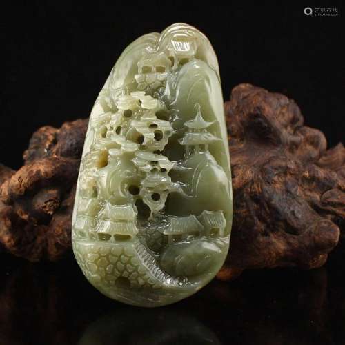 Chinese Natural Hetian Jade Pine Tree Pendant w Certificate