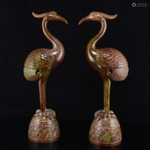 A Pair Superb Vintage Chinese Hetian Jade Crane Statues