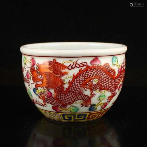 Chinese Famille Rose Dragon Phoenix Design Porcelain Cup