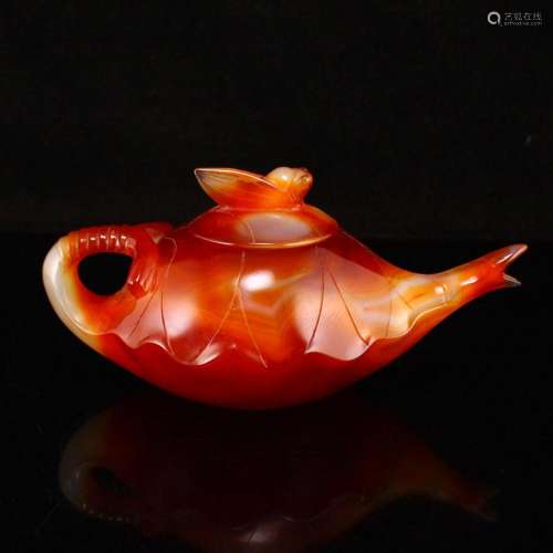Chinese Red Agate Lotus Leaf Teapot