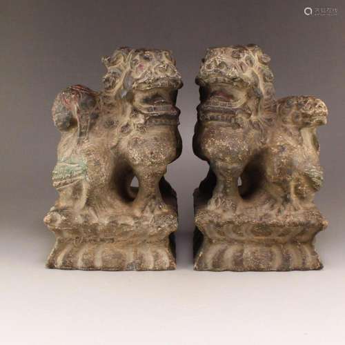 A Pair Vintage Stone Carved Lucky Lion Statues