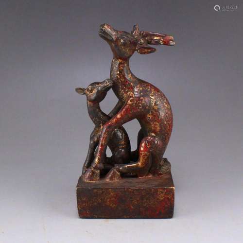 Vintage Chinese Red Copper Fortune Deer Double Seals
