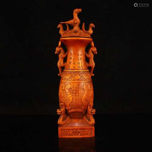 Chinese Boxwood Wood Carved Dragon Phoenix Vase Statue