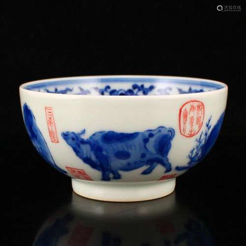 Chinese Blue And White Porcelain Five Oxen Design Bowl