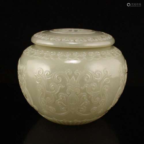 Superb Chinese Qing Dynasty Hetian Jade Carved Tea Caddy w L...