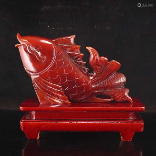 Chinese Red Agate Carved Fortune Fish Statue w Certificate
