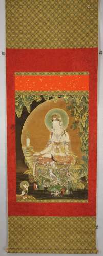 A CHINESE PAINTING,  A BOY WORSHIP GUANYIN