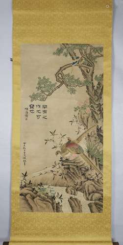 A CHINESE PAINTING,  FLOWER AND BIRD, CHEN LIN MARKED