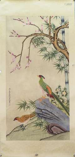 A CHINESE PAINTING,  FLOWER AND BIRD, LV JI MARKED