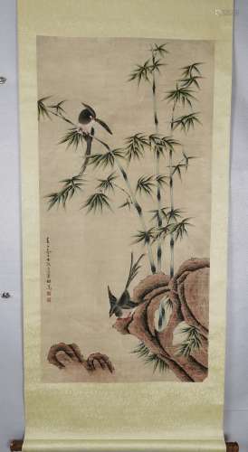 A CHINESE PAINTING,  FLOWER AND BIRD, BIAN JINGZHAO MARKED