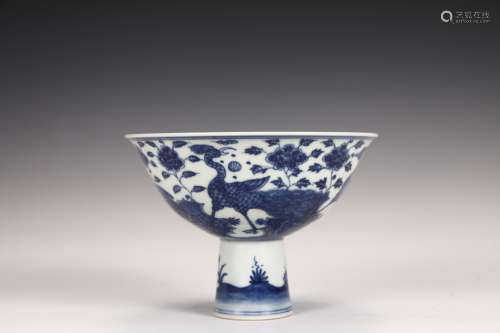 A Blue and White PEACOCK FLOWER PATTERN  HIGH FOOT BOWL