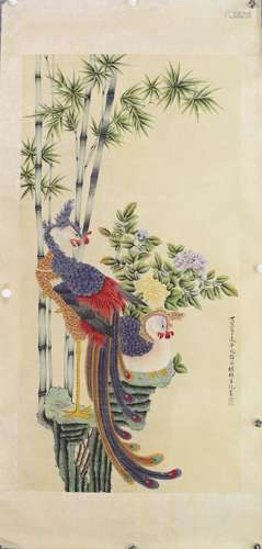 A CHINESE PAINTING,  PEACOCK, LV JI MARKED