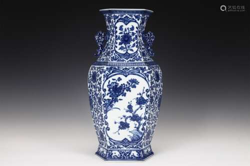 A Blue and White FLOWER PATTERN HEXAGON BOTTLE WITH DOUBLE E...