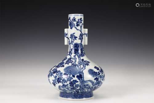A Blue and White FLOWER AND FRUIT PATTERN VASE WITH DOUBLE E...
