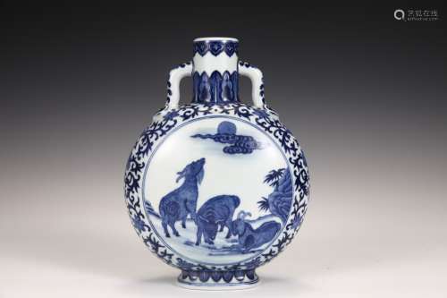 A Blue and White THREE SHEEP FLAT BOTTLE WITH DOUBLE EARS