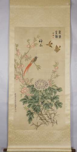 A CHINESE PAINTING,  FLOWER AND BIRD, JIANG TINGXI MARKED