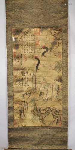 A CHINESE PAINTING,  PING AND CRANE, XUE JI MARKED