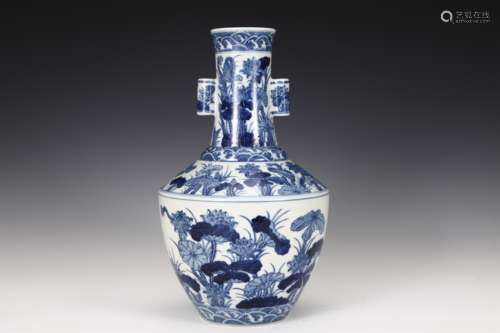 A Blue and White LOTUS PATTERN BOTTLE WITH DOUBLE EARS