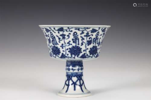 A Blue and White FLOWER SANSCRIT HIGH FOOT CUP