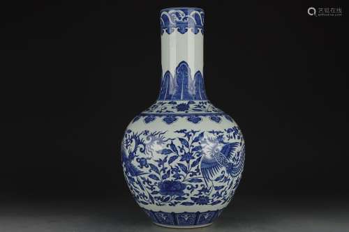 BLUE & WHITEPHOENIX IN FLORAL SCROLL GLOBULAR VASE