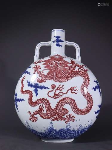 BLUE & WHITE AND UNDERGLAZE-REDDRAGON PURSUING PEARL MOO...