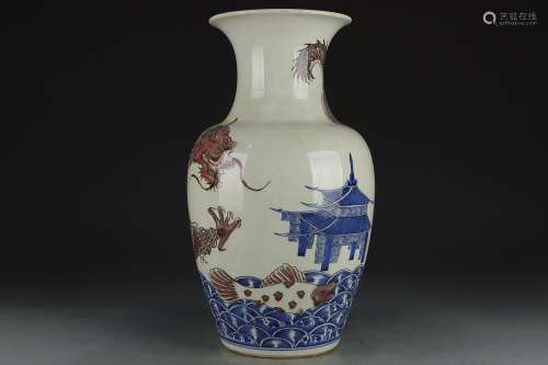 BLUE & WHITE AND UNDERGLAZE-REDDRAGON AMONG OCEAN VASE