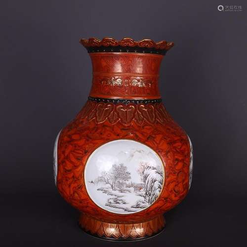 GILT-DECORATED WOOD-GRAIN-GLAZED AND MOCAILANDSCAPE VASE