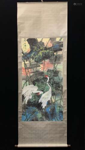 A CHINESE PAINTING, Red-crowned cranes, PAPER,  HUANG YONGYU...
