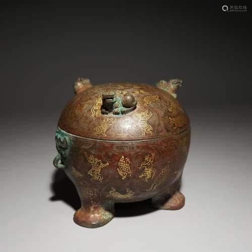 A BRONZE INLAYING GOLD AND SILVER INCENSE BURNER